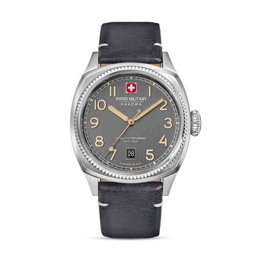 Swiss Military Hanowa Men's Analog Watch Cool Grey Dial with Black Leather Strap, SMWGB0003702