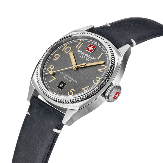 Swiss Military Hanowa Men's Analog Watch Cool Grey Dial with Black Leather Strap, SMWGB0003702