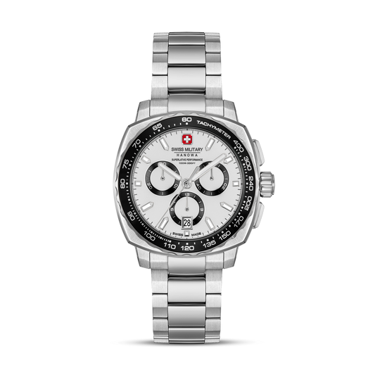 Swiss Military Hanowa Men's Chronograph Watch White Dial with Silver Stainless Steel Bracelet, SMWGI0006801