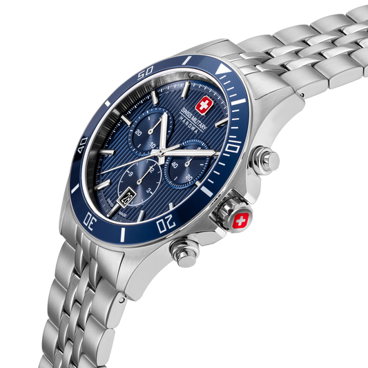 Swiss Military Hanowa Men's Chronograph Watch Blue Dial with Silver Stainless Steel Bracelet, SMWGI0007603