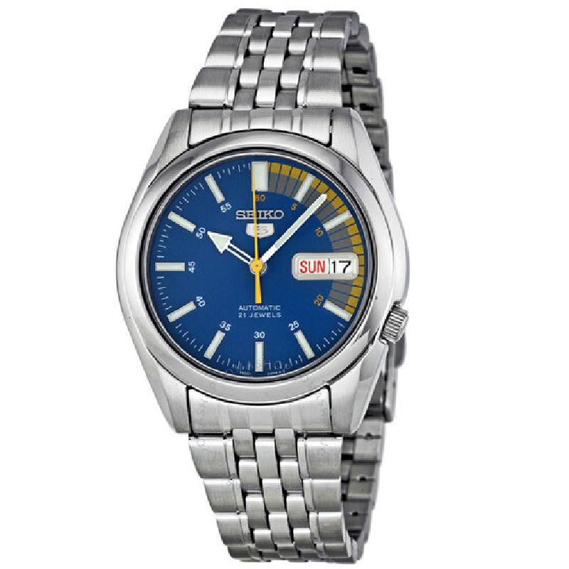 Seiko 21 Jewels Men's Automatic Watch Analog Blue Dial with Silver Stainless Steel Band, SNK371K