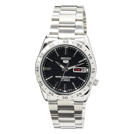 Seiko Men's Mechanical Watch Analog, Black Dial with Silver Stainless Steel Band, SNKE01K