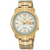 Seiko 21 Jewels Men's Automatic Watch Analog White Dial with Gold Stainless Steel Band, SNKK84K