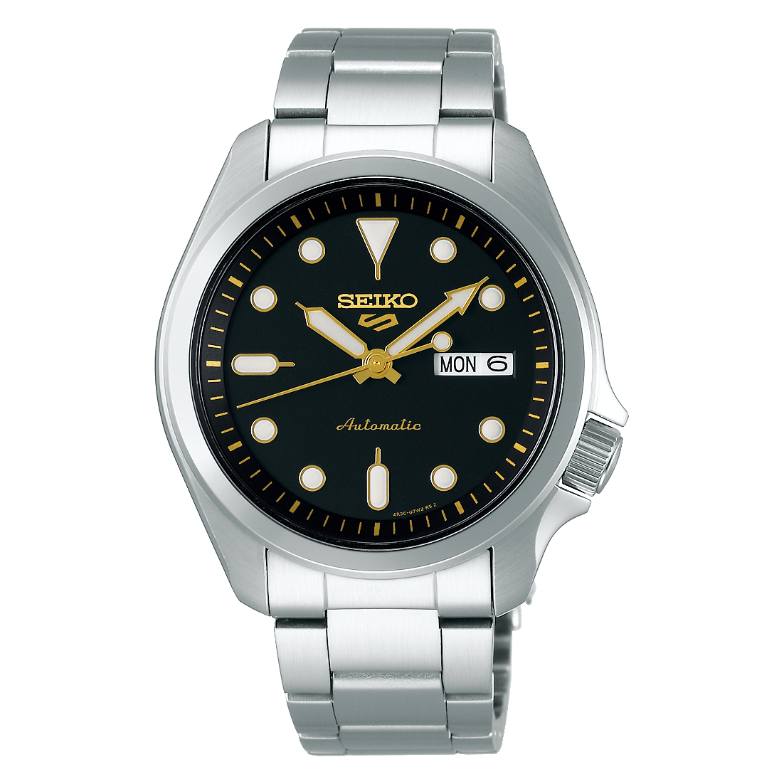 SEIKO 5 Automatic Men's Watch with day and date display, Black Dial and Silver Stainless Steel Strap, SRPE57K