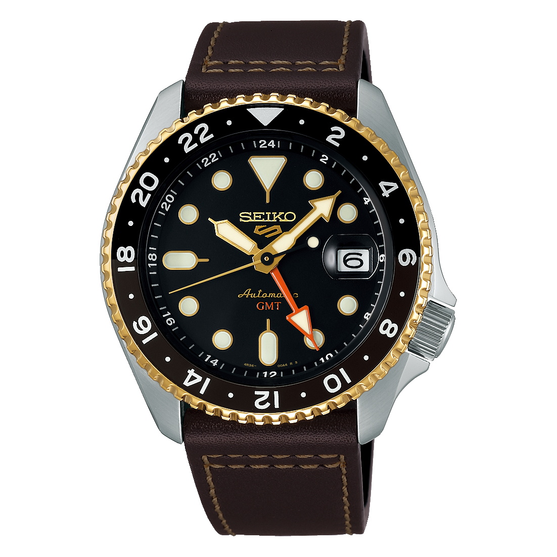 Seiko 5 Sports Men's Automatic Watch Analog Black Dial with Brown Leather Strap, SSK036K