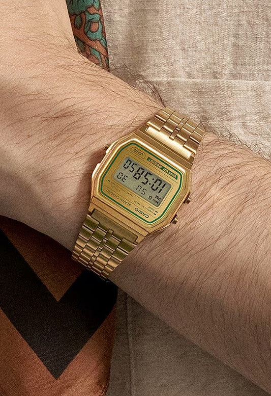 Casio Unisex Watch Digital Dial with Gold stainless steel Band, A158WEGV-9ADF