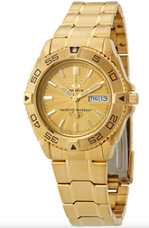 Seiko 5 Sports 23 Jewels Men's Automatic Watch Analog Gold Dial with Gold Stainless Steel Band, SNZB26J