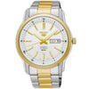 Seiko Men's Mechanical Watch Analog, White Dial Silver & Gold Stainless Band, SNKP14J