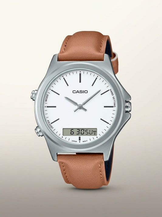 Casio, Men's Watch Analog-Digital, White Dial Brown Leather Band, MTP-VC01L-7EUDF product image