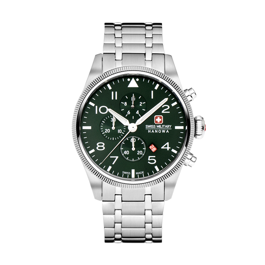 Swiss Military Hanowa Men's Chronograph Watch Olive Green Dial with Silver Stainless Steel Bracelet, SMWGI0000404