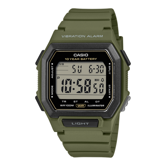 Casio W-738H-3AVDF Men's Digital Watch Grey Dial with Olive Green Resin Strap and Vibration Alarm