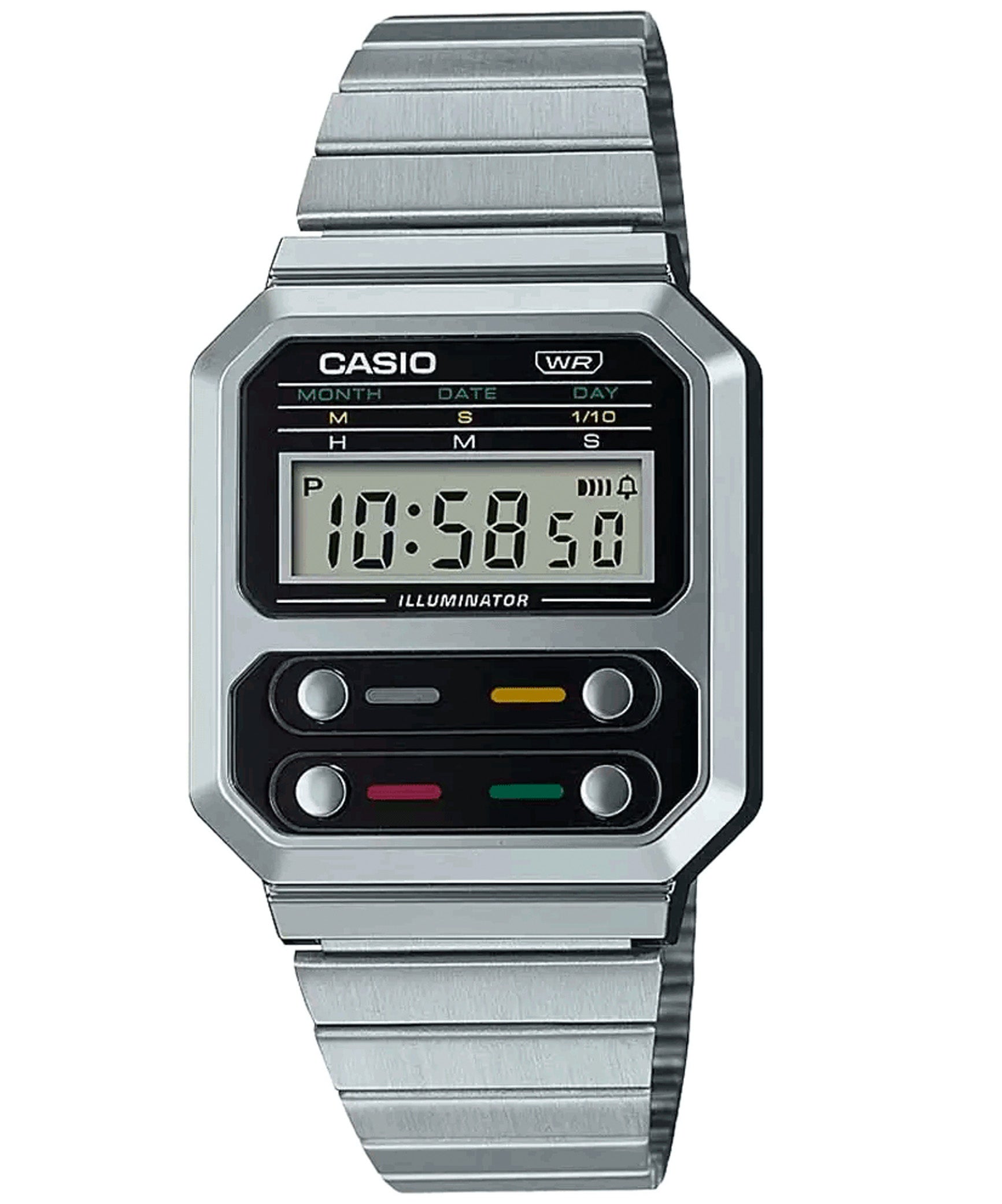 Casio, Men's Watch Vintage Collection Digital Display, Black Dial Silver Stainless Steel Band, A100WE-1ADF