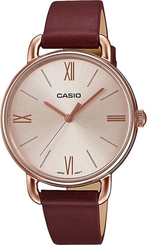 Casio, Women’s Watch Analog, Rose Gold Dial Maroon Leather Band, LTP-E414PL-5ADF