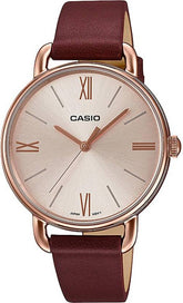 Casio, Women’s Watch Analog, Rose Gold Dial Maroon Leather Band, LTP-E414PL-5ADF