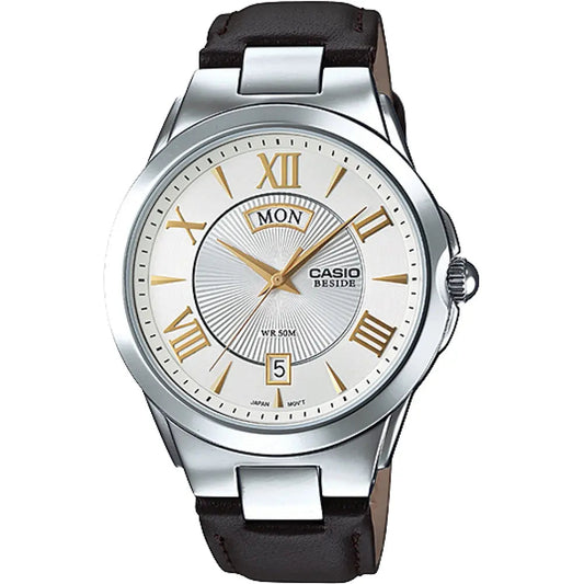 Casio, Men's Watch Beside Collection Analog, Silver Dial Brown Leather Band, , BEM-130L-7AVDF product image