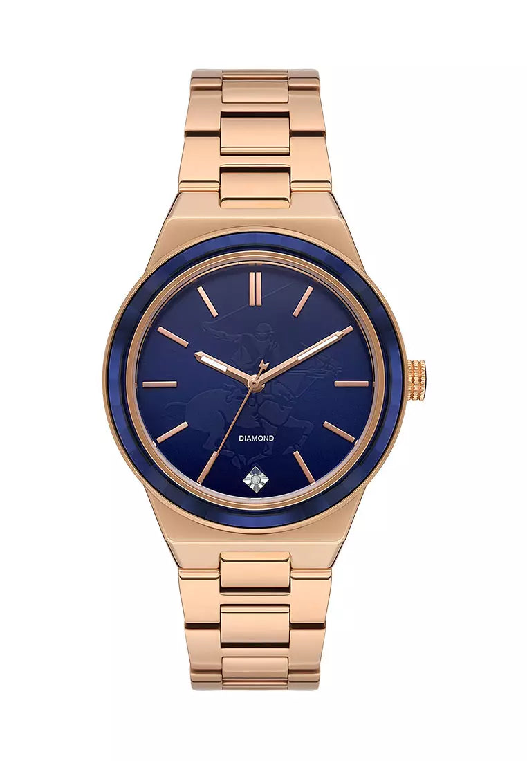 Beverly Hills Polo Club Women's Watch, Analog, Blue Dial, Rose Gold Stainless Steel Strap, BP3584X.490