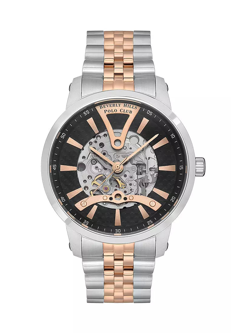 Beverly Hills Polo Club Men's Watch, Analog, Black Dial, Silver & Rose Gold Stainless Steel Strap, BP3552X.540