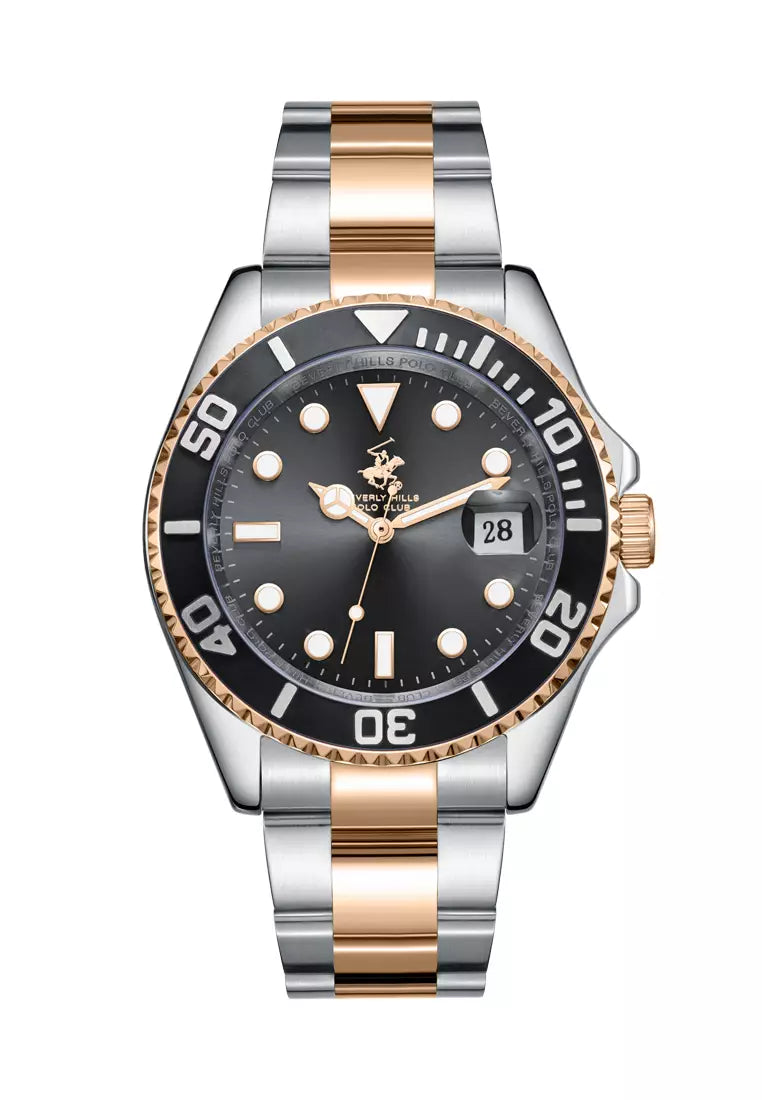 Beverly Hills Polo Club Men's Analog Watch, Gun Black Dial  With Silver Stainless Steel Band, BP3791X.550