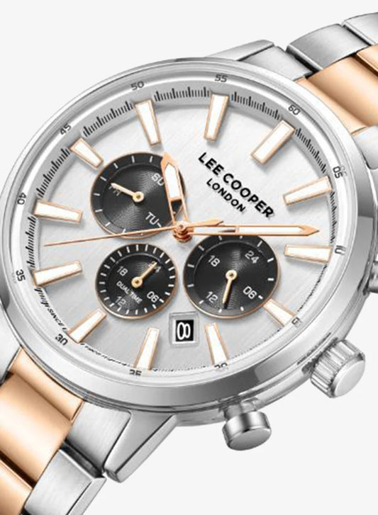 Lee Cooper Men's Multifunction Watch with Silver Dial and Silver/Rose Gold Stainless Steel Band, LC08382.530