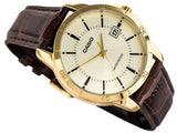 Casio Men's Watch Analog, Champagne Dial Brown Leather Strap, MTP-V004GL-9AUDF
