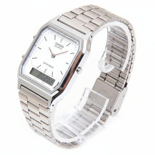 Casio Vintage Unisex Watch Analog-Digital White Dial With Silver Stainless Steel Band, AQ-230A-7DMQD
