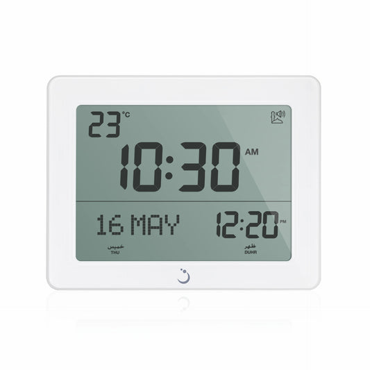 Alfajr Digital Desk Islamic Prayer Clock White With Multiple Azan Sound And Prayer Times, CF-19W authentic Alfajr CF-19W Islamic prayer product in Bahrain