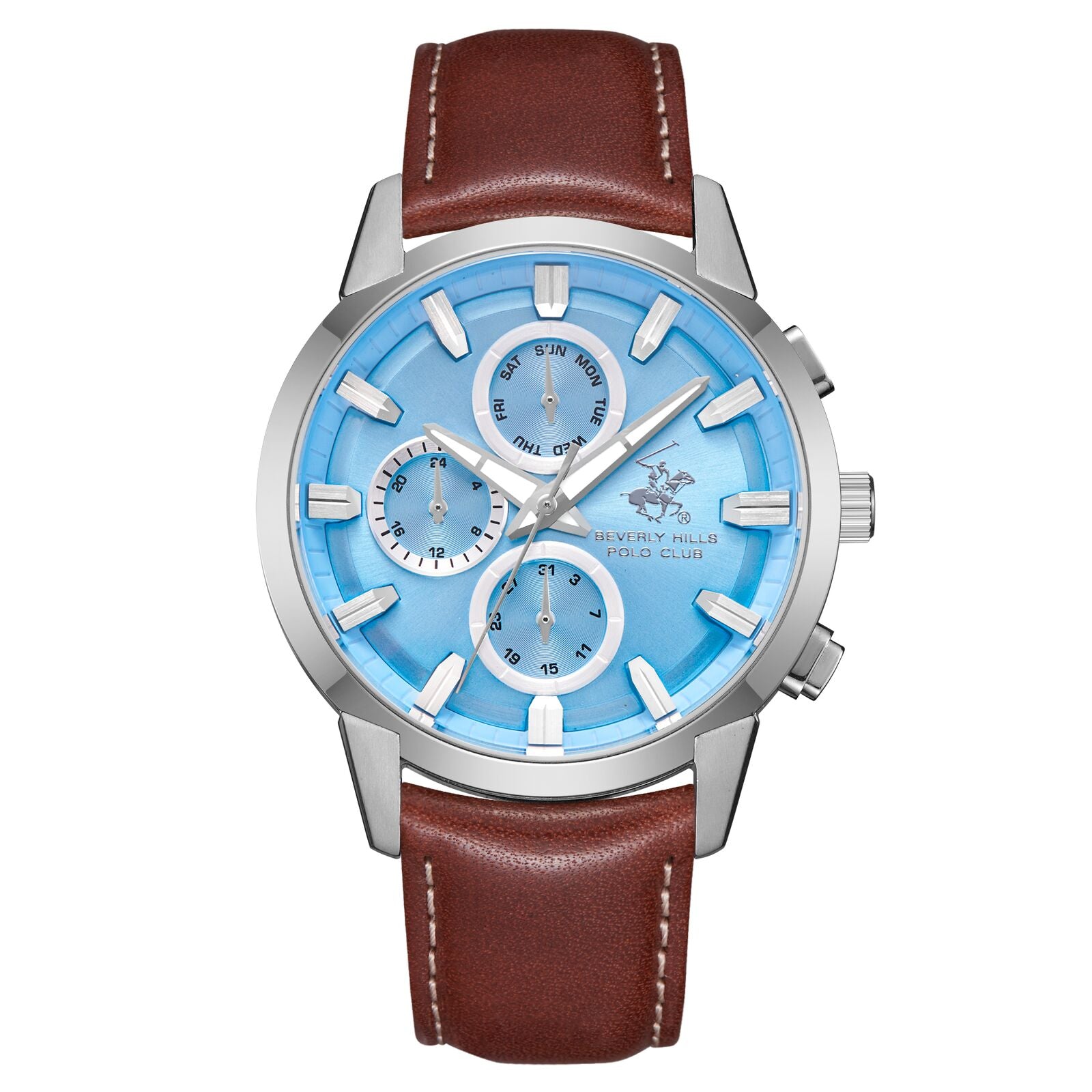 Beverly Hills Polo Club Men's Watch Analog Blue Dial with Brown Leather Band, BP3666X.302