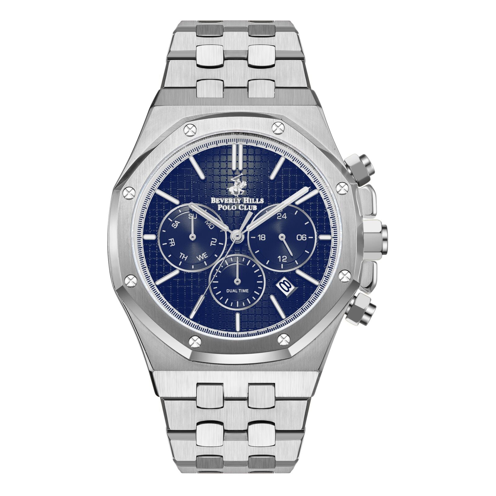 Beverly Hills Polo Club Men's Watch Analog Blue Dial with Silver Stainless Steel Band, BP3051X.391