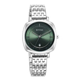 Titan Shaped Cases Women's Watch Green Dial With Silver Stainless Steel Band, 2730SM01