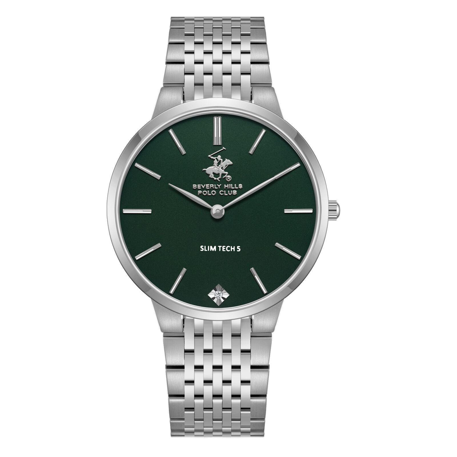 Beverly Hills Polo Club Slim Tech 5 Men's Watch Analog Green Dial with Silver Stainless Steel Band, BP3776X.370