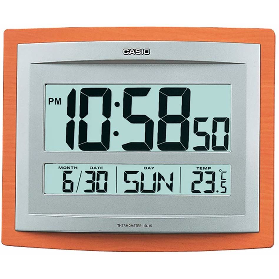 Casio, Wall & Table Clock, Digital Display, Silver & Wood Grain Pattern , ID-15S-5DF