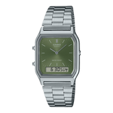 Casio Vintage Unisex Watch Analog-Digital Green Dial With Silver Stainless Steel Band, AQ-230A-3AMQYDF