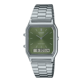 Casio Vintage Unisex Watch Analog-Digital Green Dial With Silver Stainless Steel Band, AQ-230A-3AMQYDF