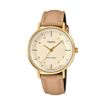 Casio men analog watch, beige dial with brown leather strap, model CS-LTP-VT03GL-4BDF, Bahrain