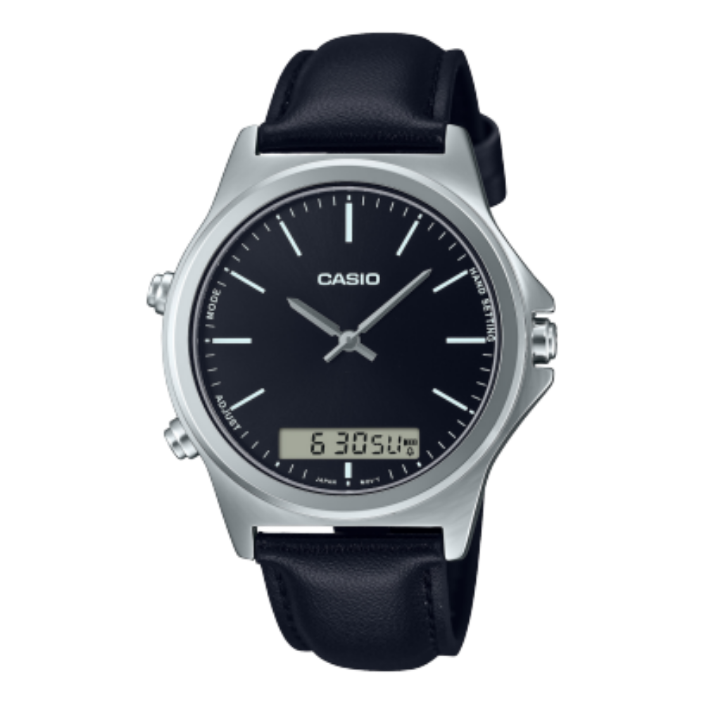 Casio, Men’s Watch Analog-Digital, Black Dial Black Leather Band, MTP-VC01L-1EUDF