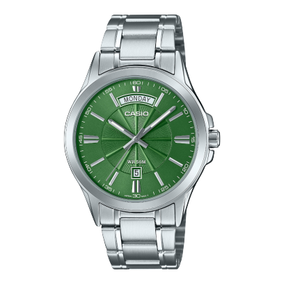 Casio men analog watch, green dial with stainless steel band, model CS-MTP-1381D-3AVDF, Bahrain