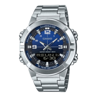 Casio men analog watch, blue dial with silver stainless steel band, model CS-AMW-870DA-2A1VDF, Bahrain