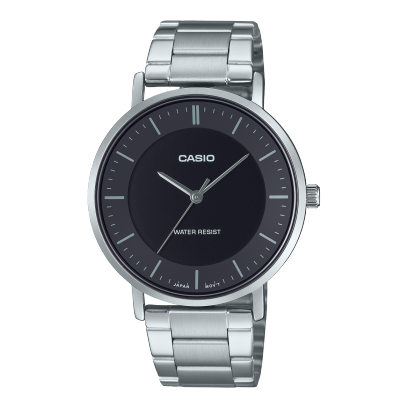 Casio men analog watch, black dial with silver stainless steel band, model CS-MTP-VT04D-1EDF, Bahrain