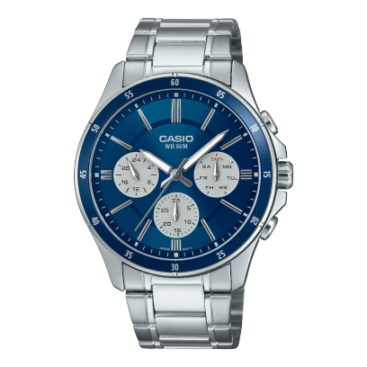 Casio men analog watch, blue dial with silver stainless steel band, model CS-MTP-1374D-2A3VDF, Bahrain