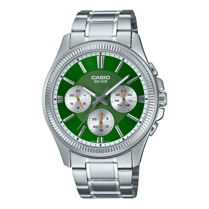 Casio men analog watch, green dial with comfortable strap, model CS-MTP-1375D-3AVDF, Bahrain