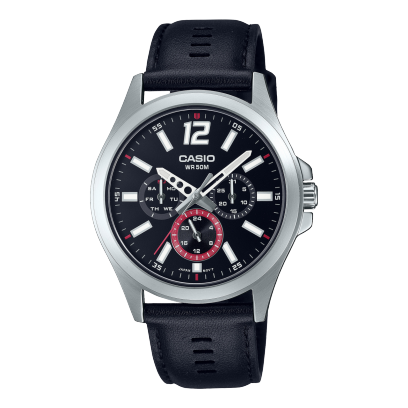 Casio men analog watch, black dial with comfortable strap, model CS-MTP-E350L-1BVDF, Bahrain