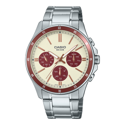 Casio men analog watch, beige dial with silver stainless steel band, model CS-MTP-1374D-5A2VDF, Bahrain