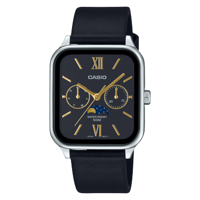 Casio men analog watch, black dial with black leather band, model CS-MTP-M305L-1A2VDF, Bahrain
