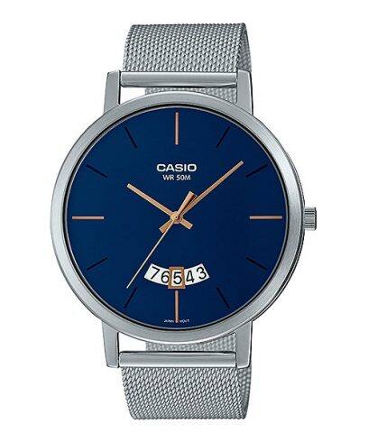 Casio, Men’s Watch Analog, Blue Dial Silver Stainless Steel Mesh Band, MTP-B100M-2EVDF