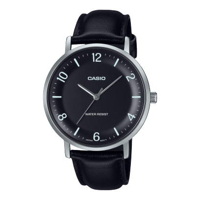 Casio men analog watch, black dial with black leather strap, model CS-MTP-VT03L-1BDF, Bahrain