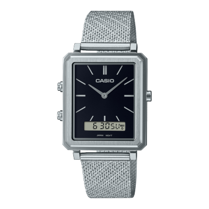 Casio,Men's Watch Analog-Digital, Black Dial Silver Stainless Steel Mesh Band, MTP-B205M-1EDF