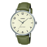 Casio Men's Watch Analog Beige Dial with Green Leather Strap, MTP-VT03L-7BDF