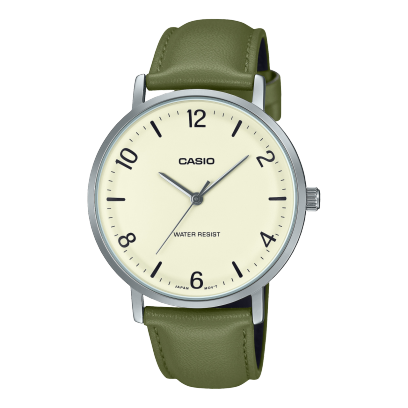 Casio men analog watch, beige dial with green leather strap, model CS-MTP-VT03L-7BDF, Bahrain
