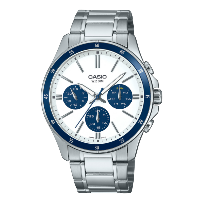 Casio men analog watch, white dial with silver stainless steel band, model CS-MTP-1374D-7A2VDF, Bahrain