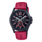 Casio, Men's Watch Analog,Black Dial Red Leather Band, MTP-E350BL-1BVD